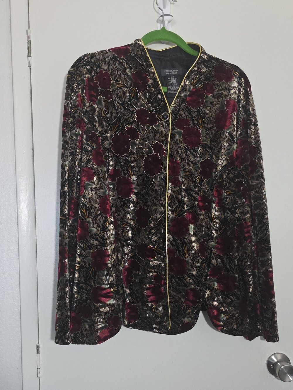 dressbarn Velvet Floral Jacket in Burgundy and Black with Gold Trim